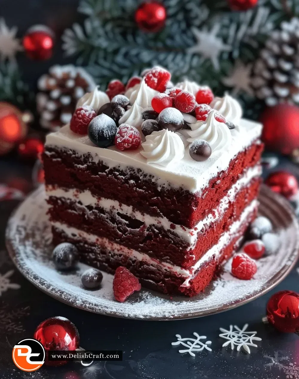 Christmas Red Velvet Poke Cake topped with cream and festive decorations