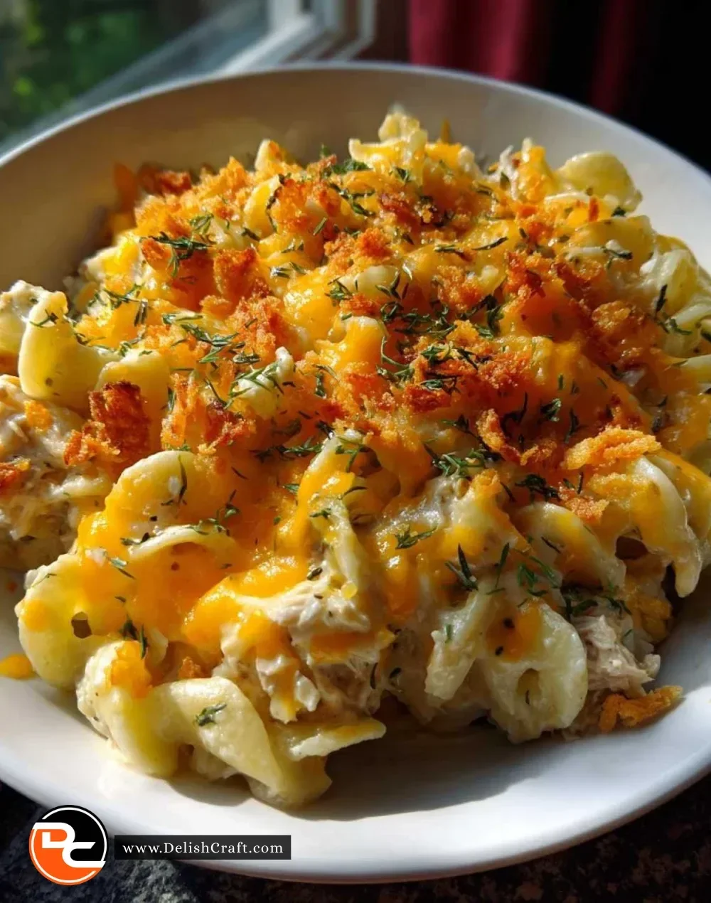 Delicious classic tuna noodle casserole served on a plate
