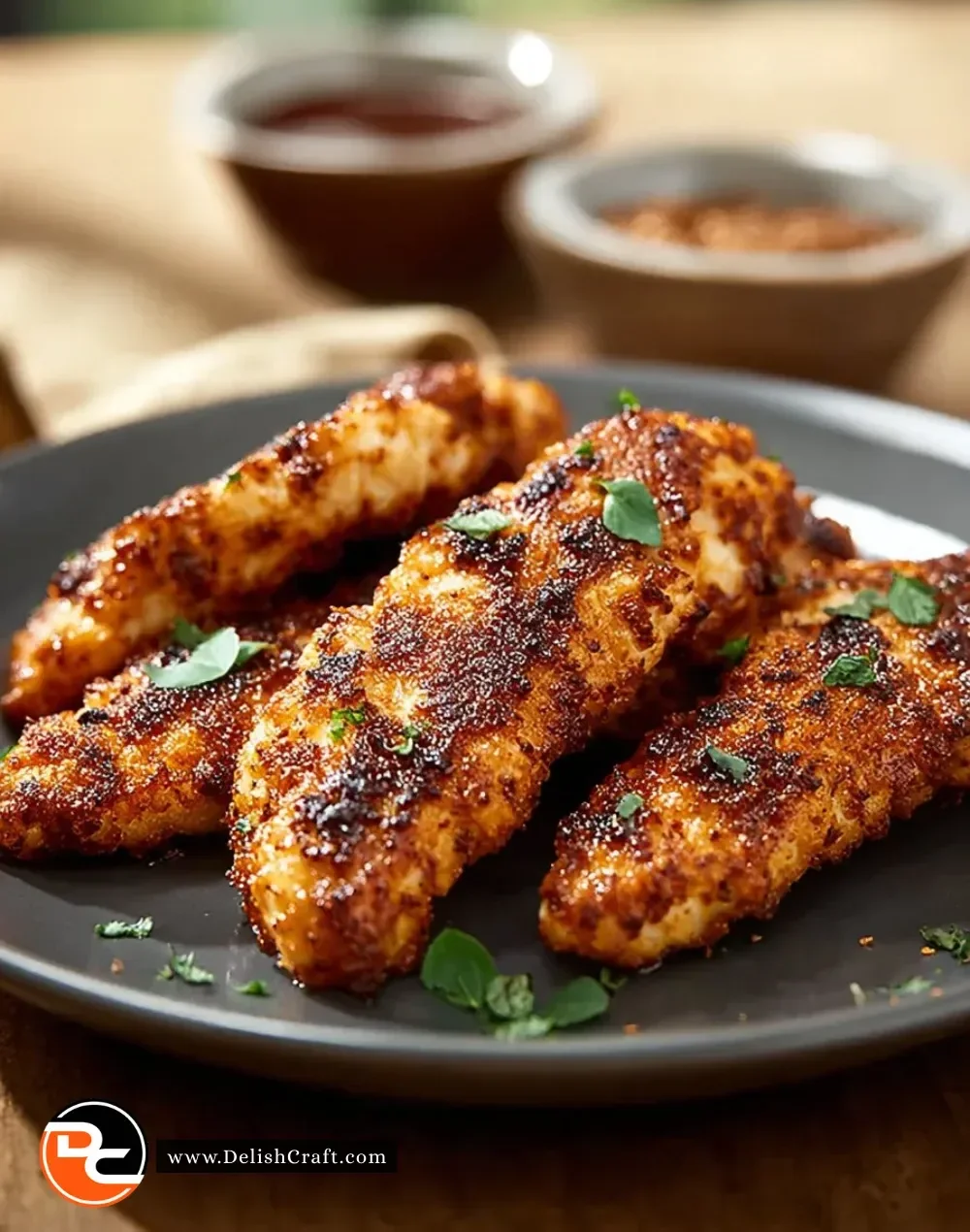Plate of juicy blackened chicken tenders with a crispy seasoning blend