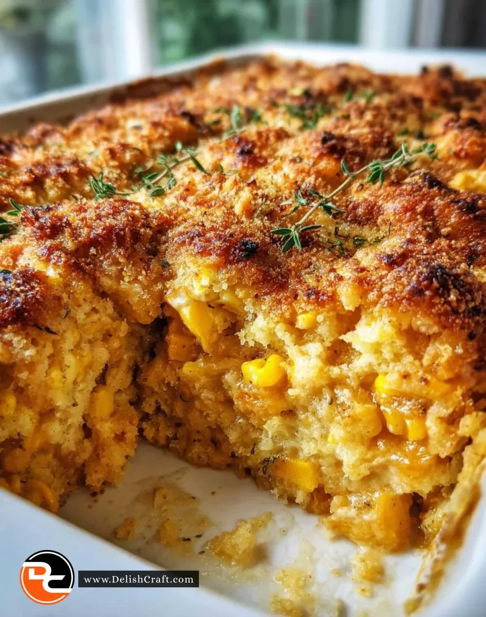 Corn Squash Casserole baked dish with golden crust and fresh ingredients