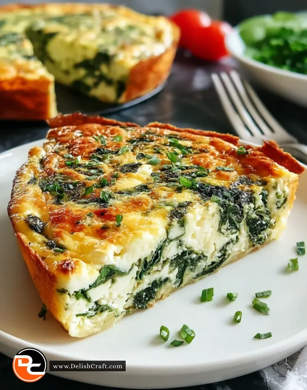 Delicious cottage cheese and spinach crustless quiche on a plate