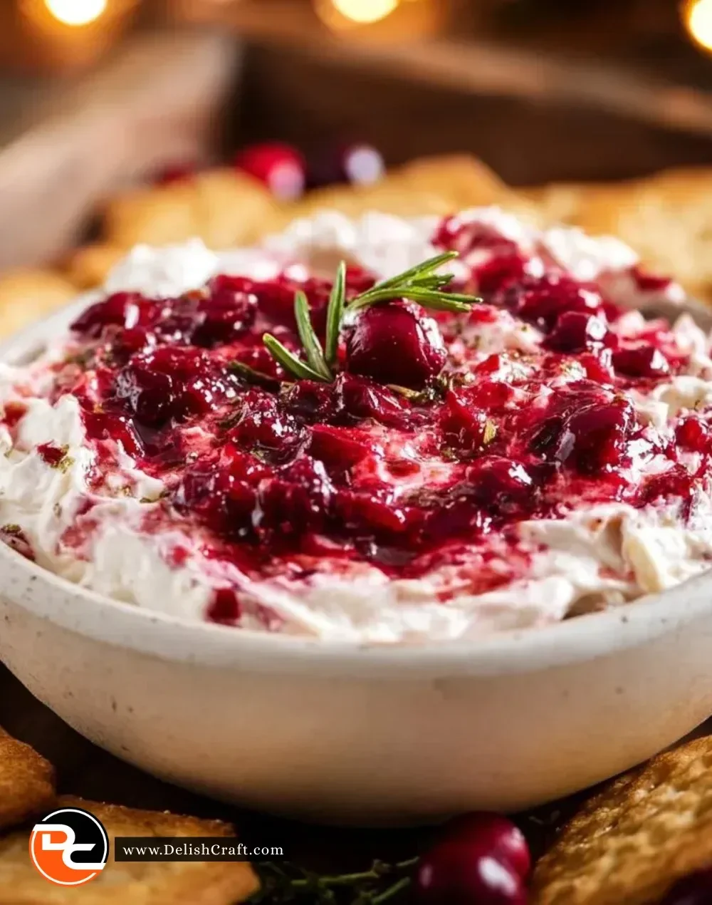 Delicious cranberry cream cheese dip in a serving bowl garnished with herbs.