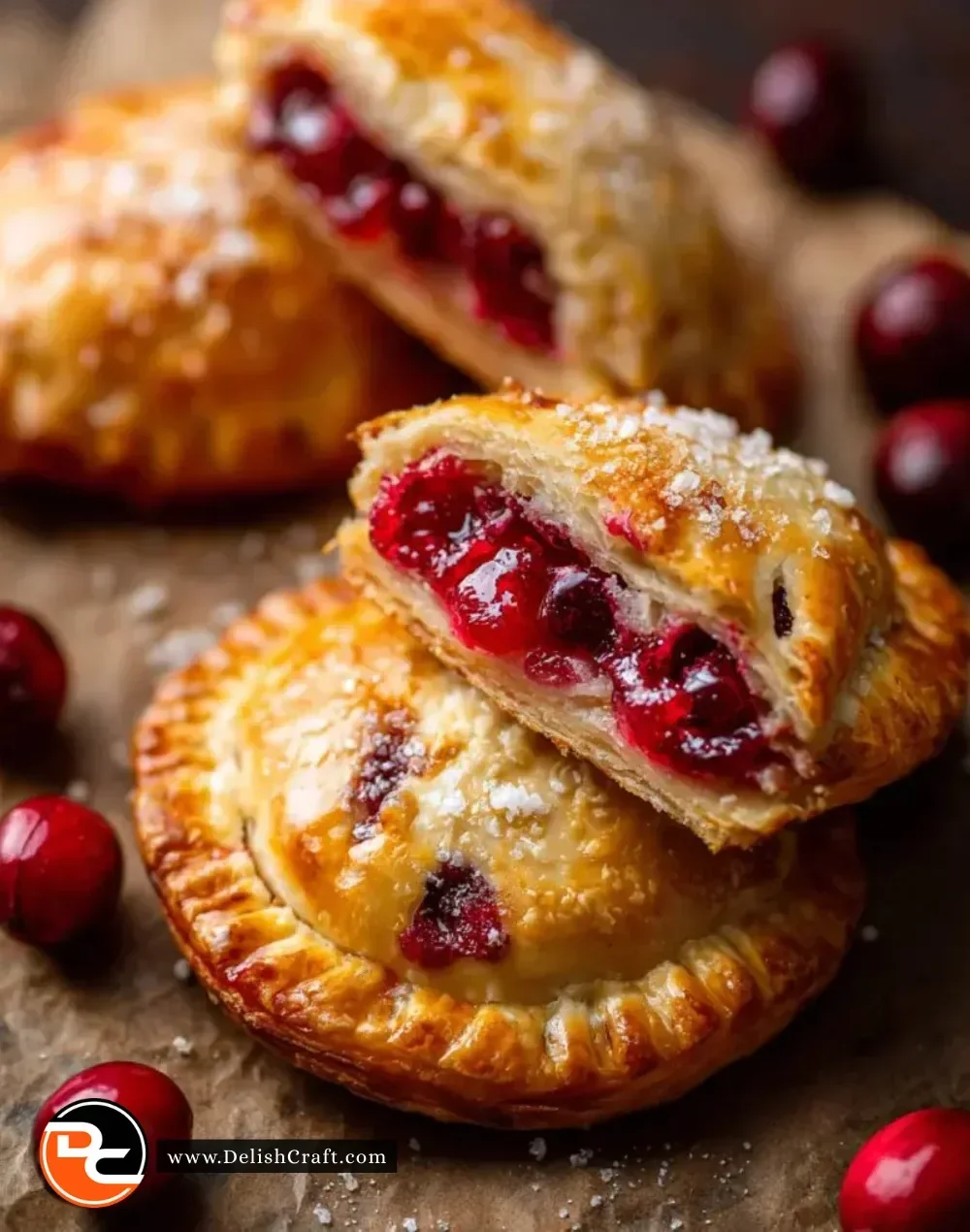Freshly baked cranberry hand pies with a flaky crust and juicy filling