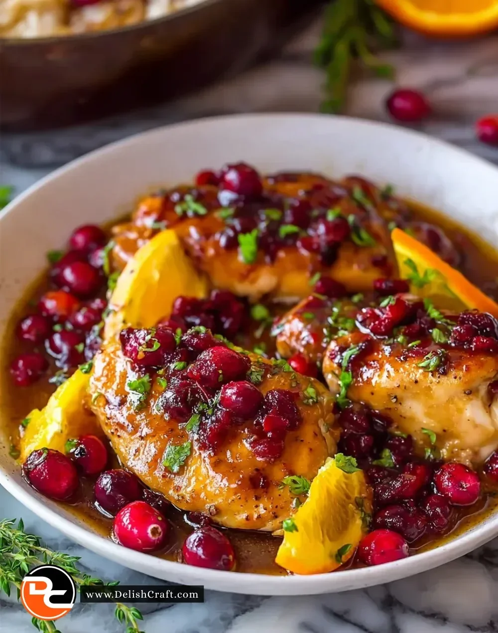 Deliciously cooked cranberry orange chicken garnished with fresh herbs