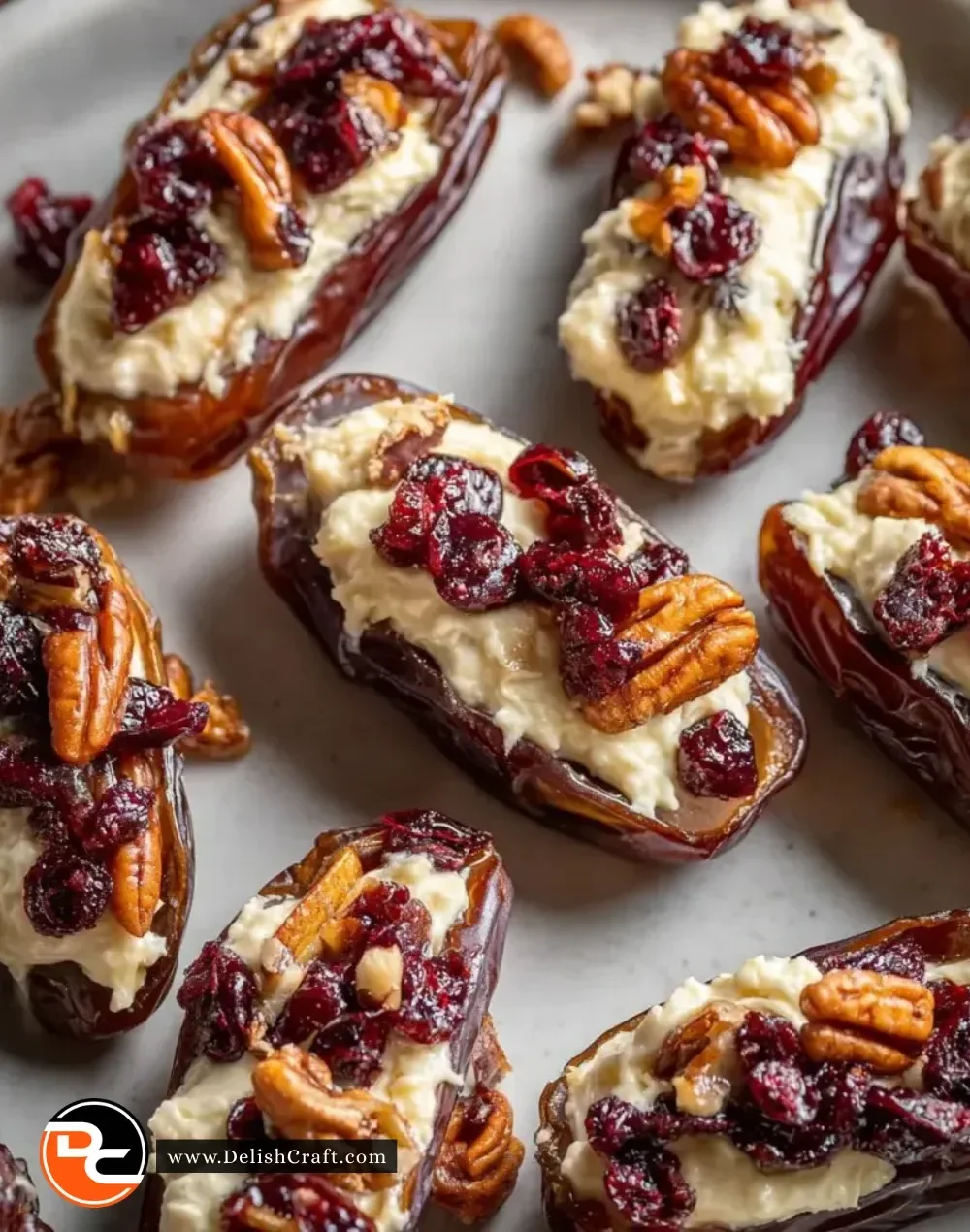Cranberry Pecan Cream Cheese Stuffed Dates on a serving platter