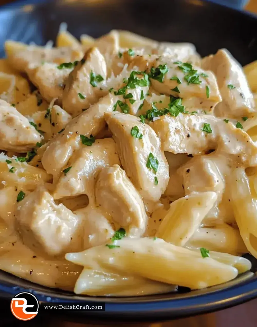 Creamy garlic chicken pasta served with fresh herbs and parmesan cheese