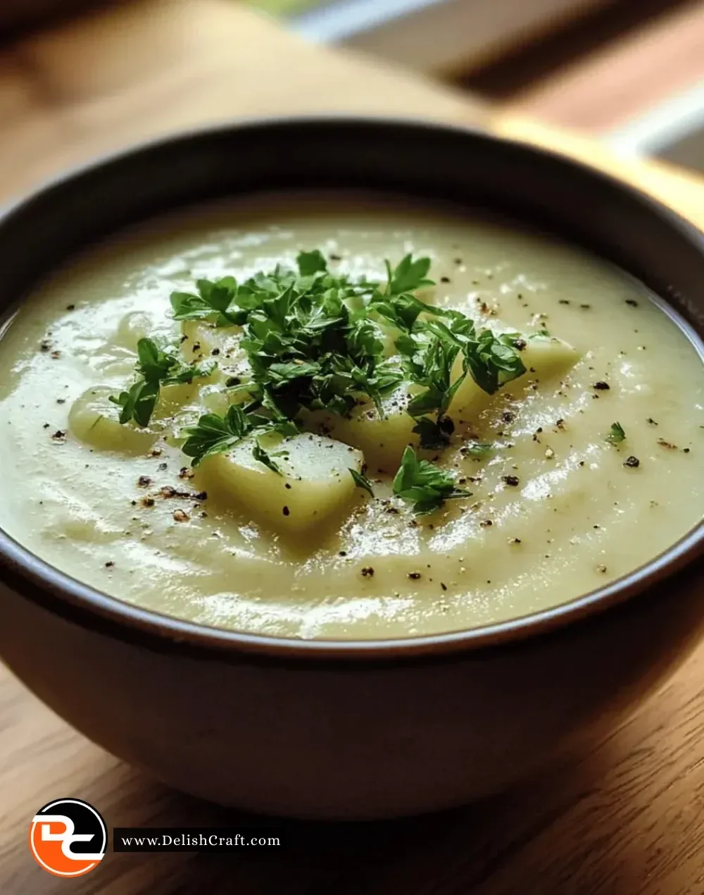 Bowl of creamy leek and potato soup garnished with fresh herbs