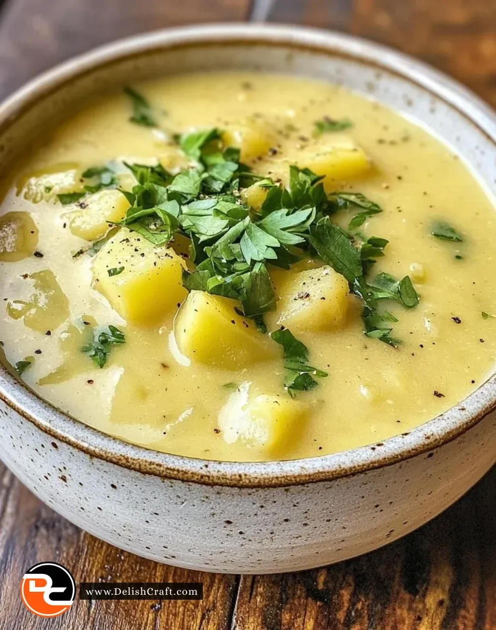 Creamy Peruvian potato soup in a bowl topped with herbs.