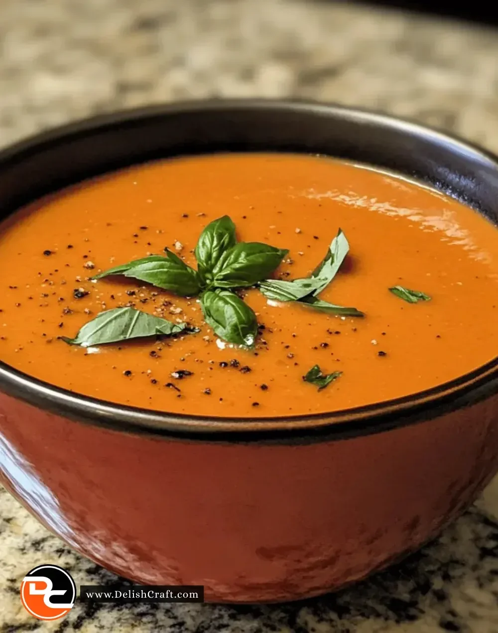Creamy tomato basil soup served in a bowl with fresh basil leaves on top