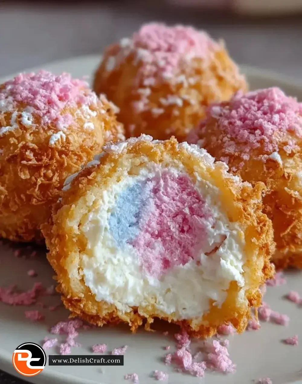 Delicious crispy Cotton Candy Cheesecake Bombs on a plate, perfect dessert treat.