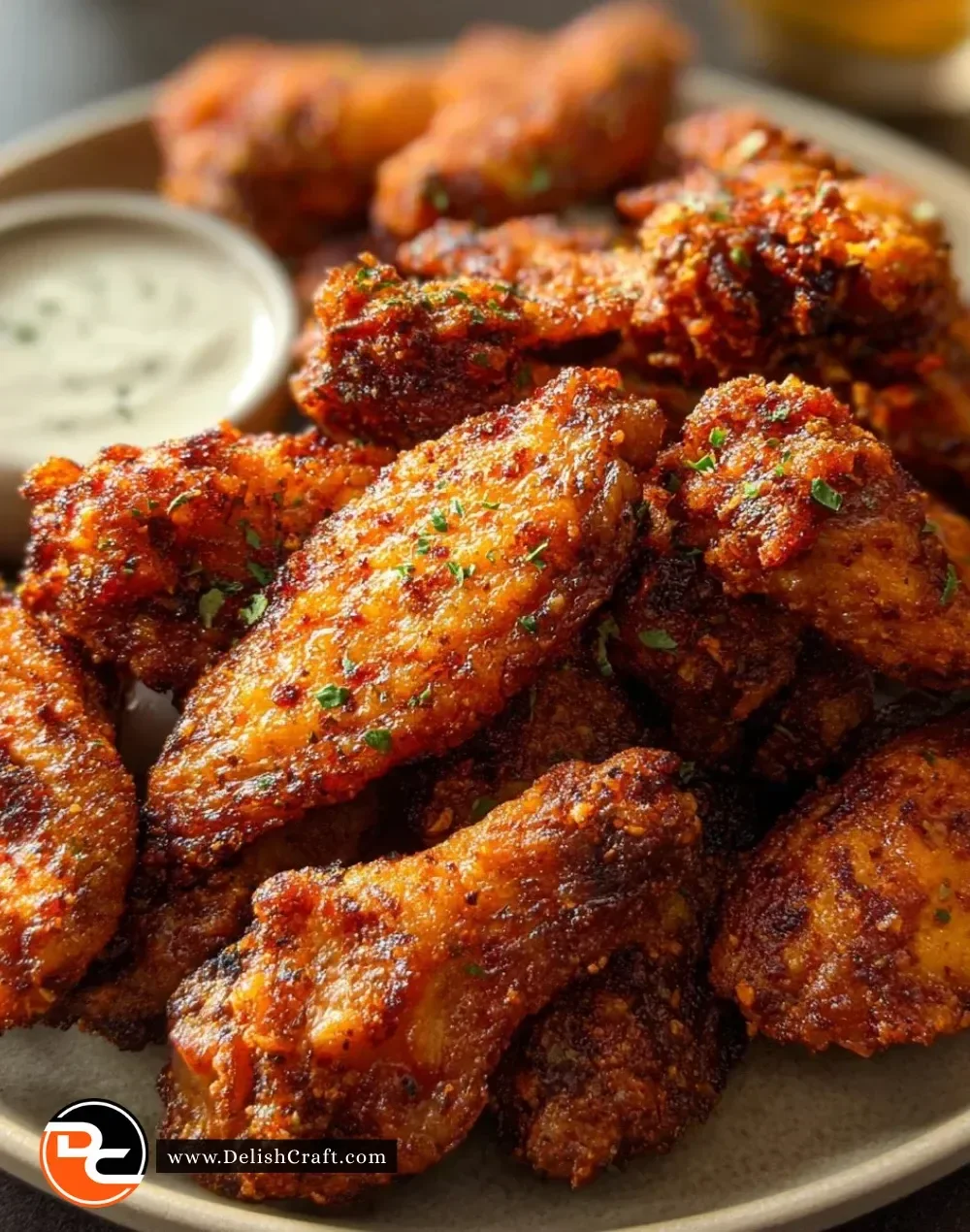 Crispy dry rub chicken wings served on a plate garnished with herbs.
