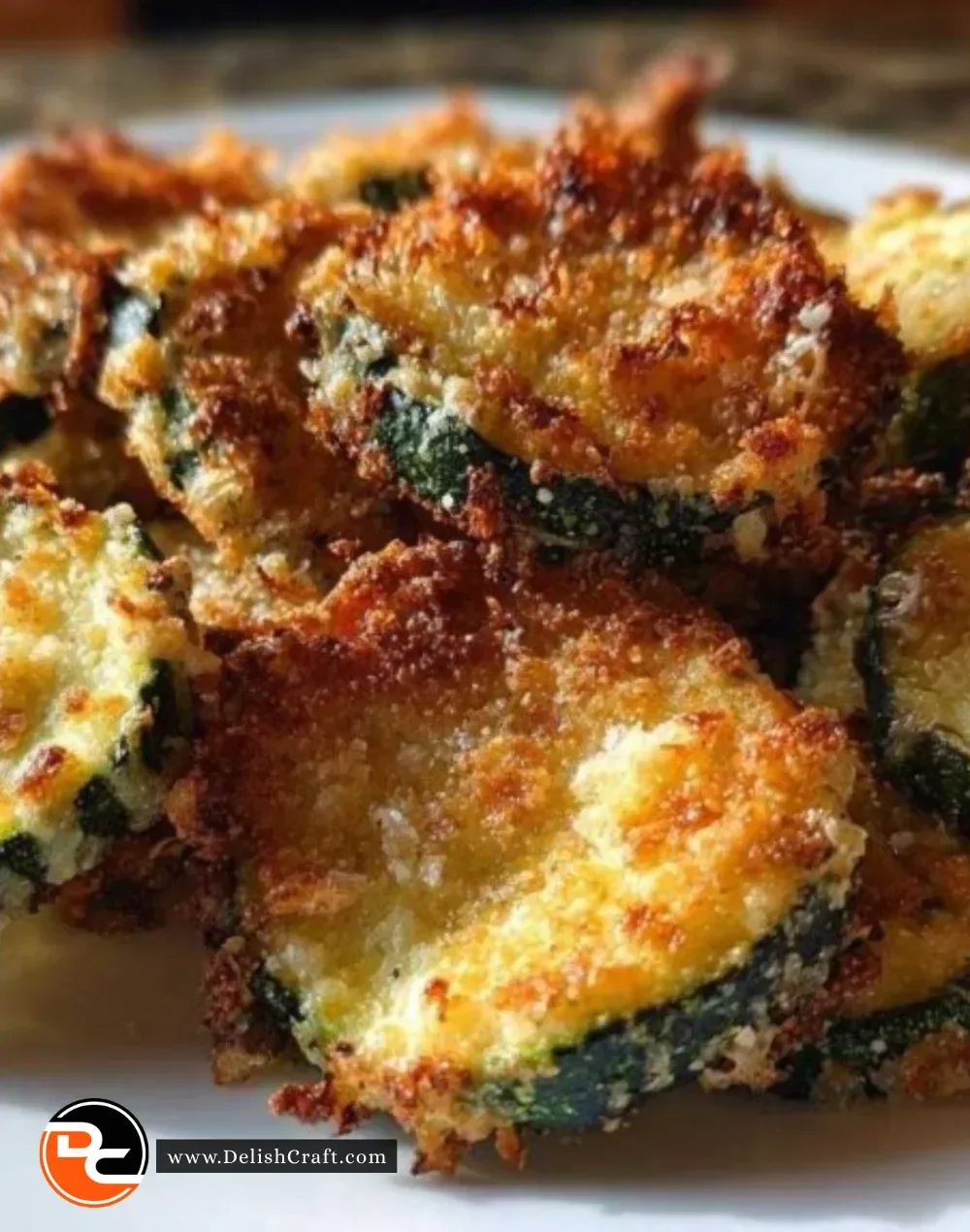 Crispy zucchini parmesan chips on a plate, golden and ready to enjoy.