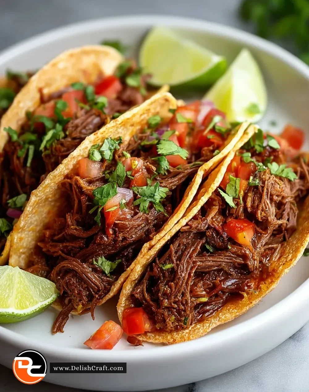 Delicious Crockpot Mexican shredded beef tacos served in soft tortillas