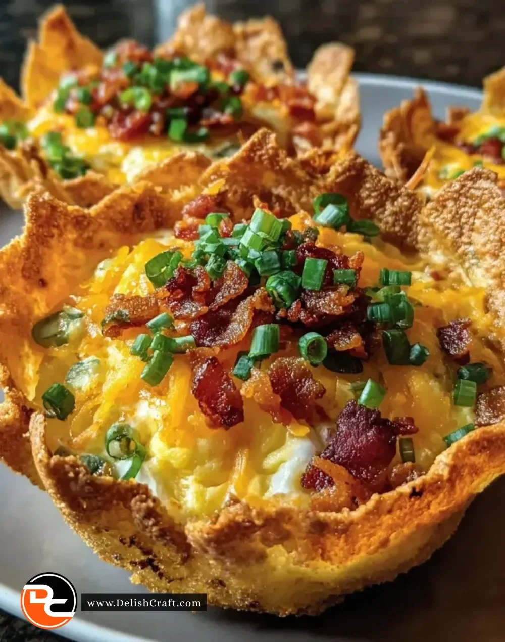 Crunchy tortilla breakfast cups filled with eggs and vegetables