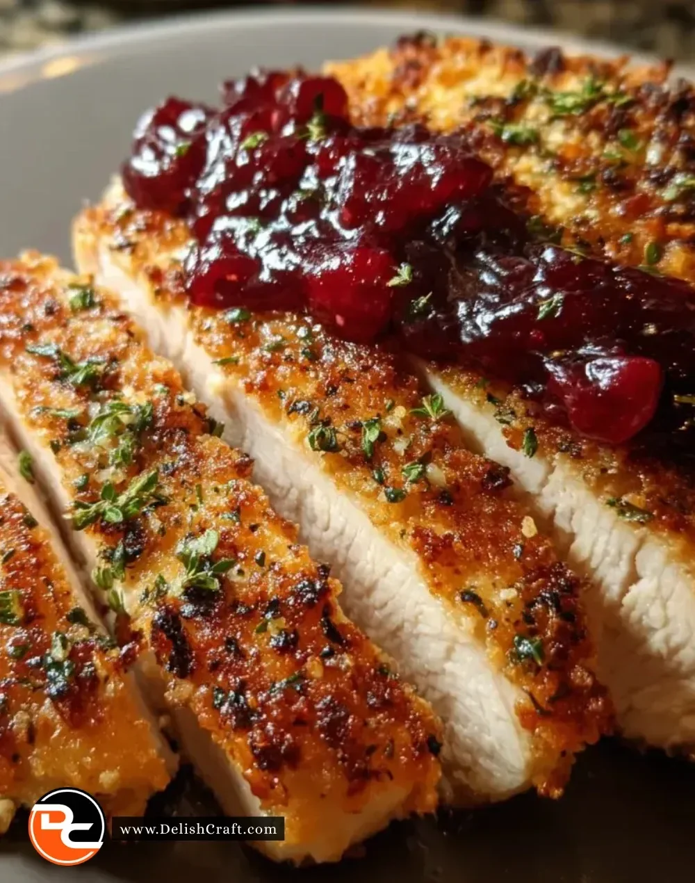 Crusted turkey fillets with cranberry sauce on a plate