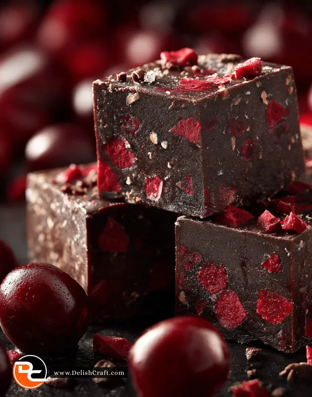 Decadent dark cherry chocolate fudge topped with cherries.