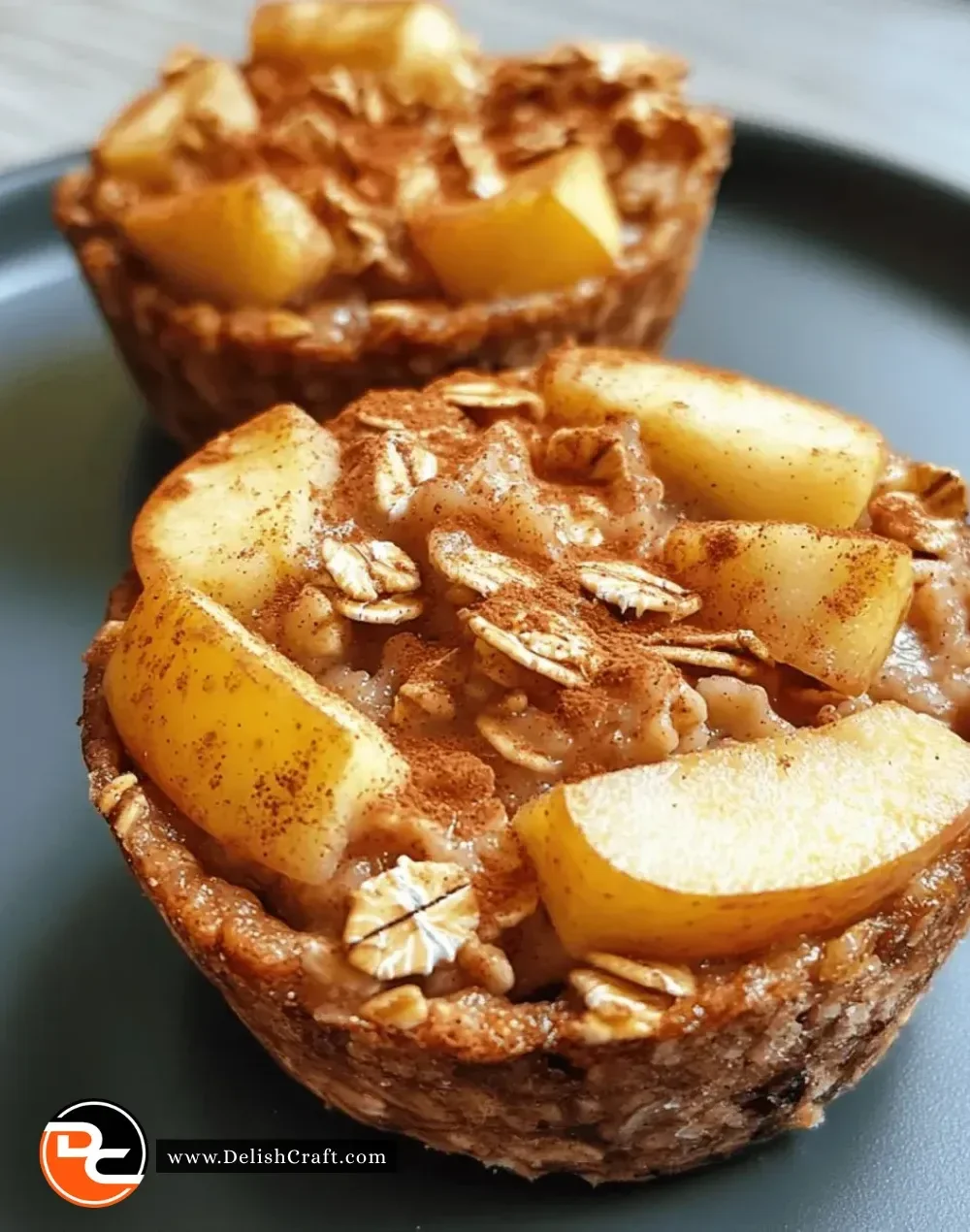 Easy Apple Cinnamon Oatmeal Cups served in a white bowl with apple slices and cinnamon stick