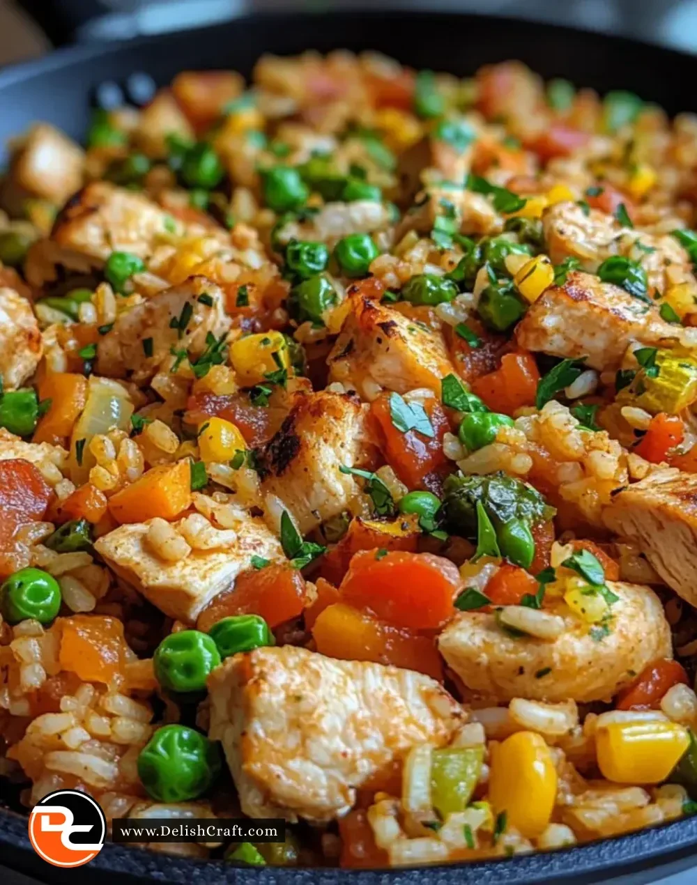 Easy chicken skillet with vegetables and rice on a wooden table
