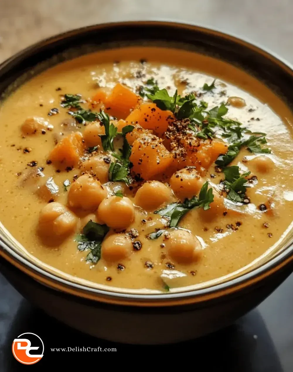 Bowl of easy coconut curry chickpea soup garnished with fresh herbs