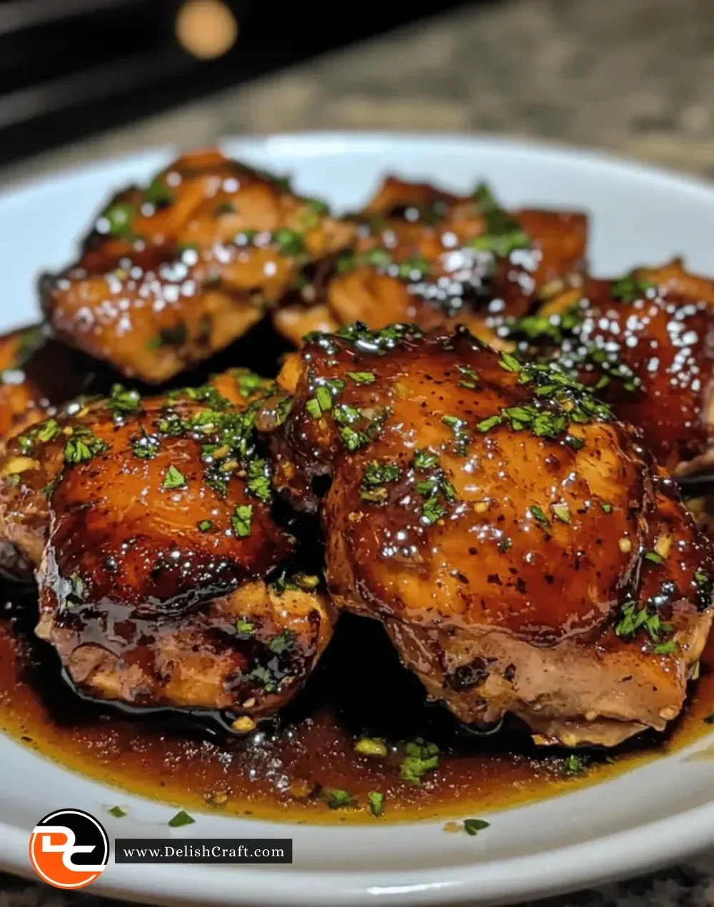 Easy crockpot honey garlic chicken thighs served on a plate.