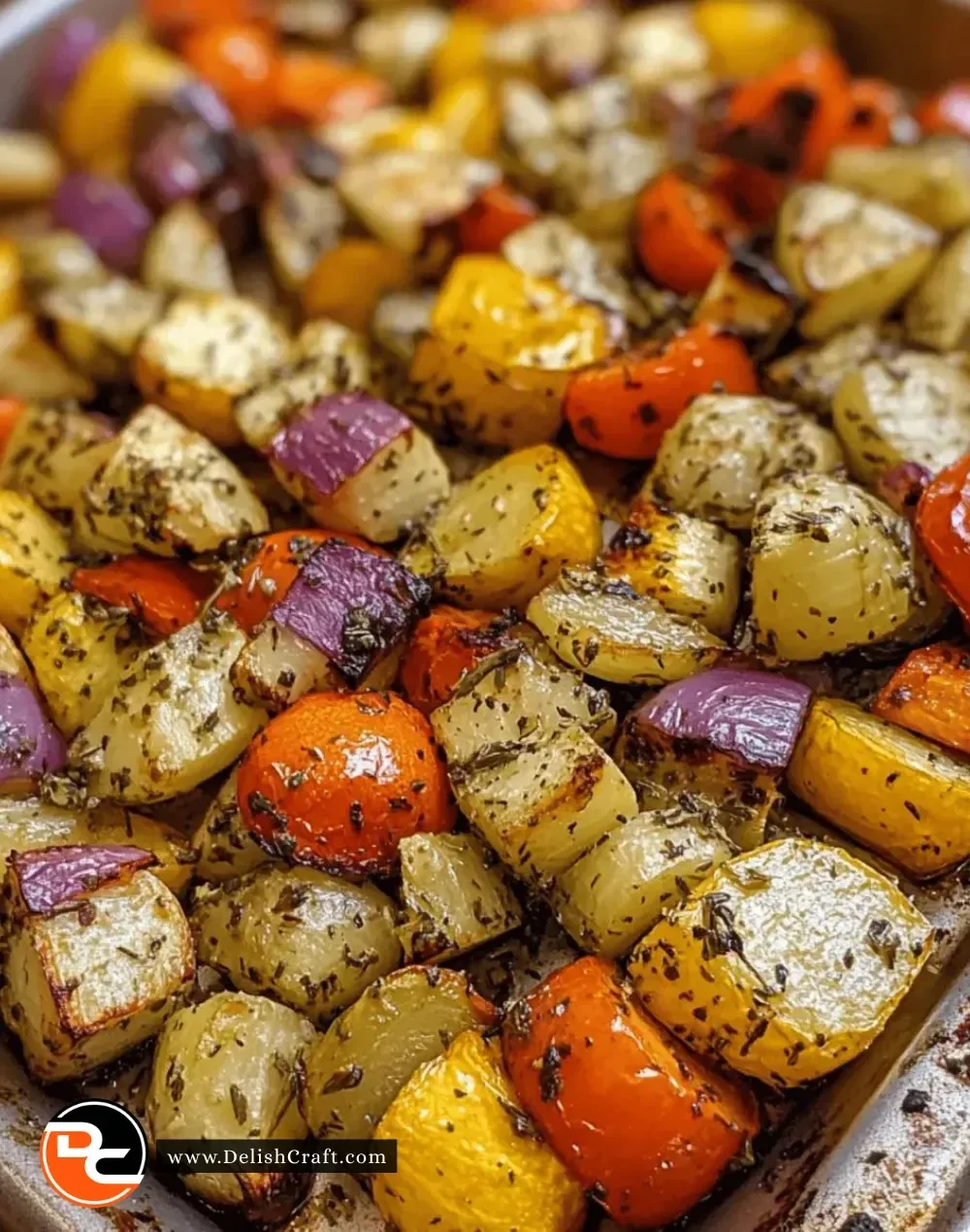 Delicious garlic herb roasted veggies on a baking sheet, fresh from the oven.