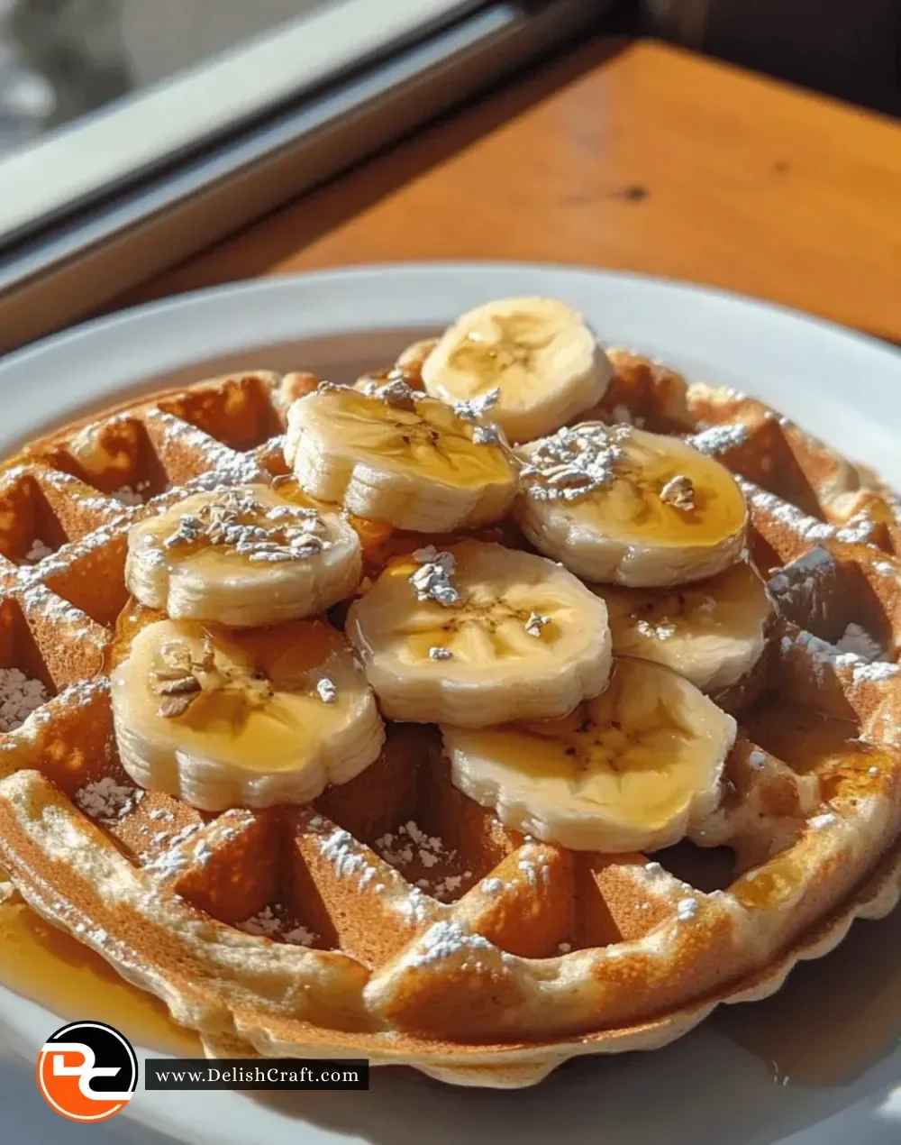 Easy gluten-free banana oat waffles served on a plate with syrup and banana slices.