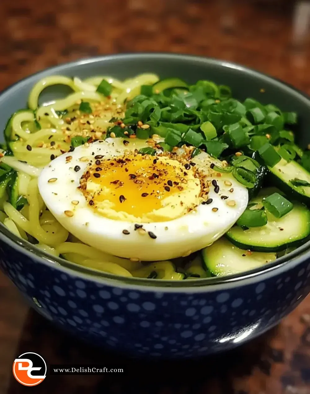 Bowl of gluten-free zucchini noodles topped with eggs and fresh vegetables