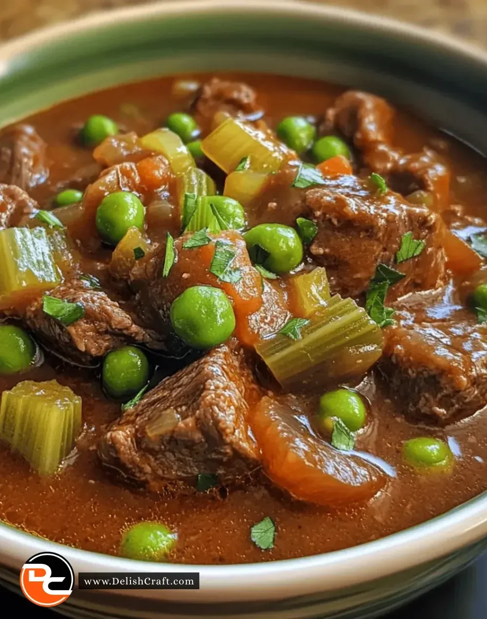 Delicious Instant Pot beef stew featuring peas and celery in a rich broth.