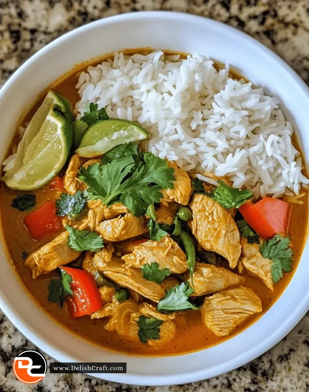 Bowl of Easy Instant-Pot Thai Chicken Curry garnished with fresh herbs