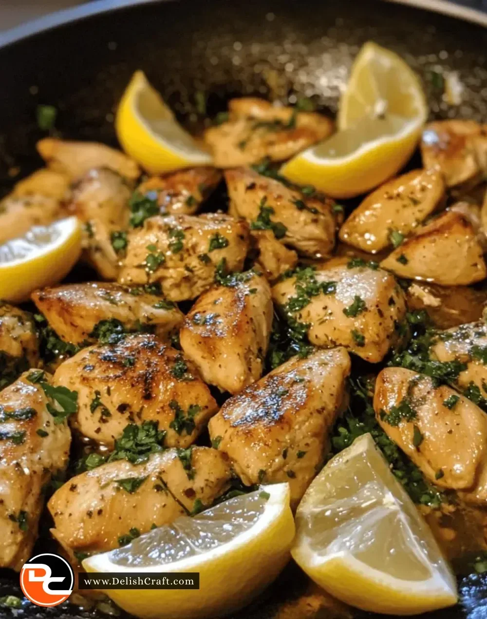 Easy juicy lemon herb chicken skillet served with herbs and garnishes