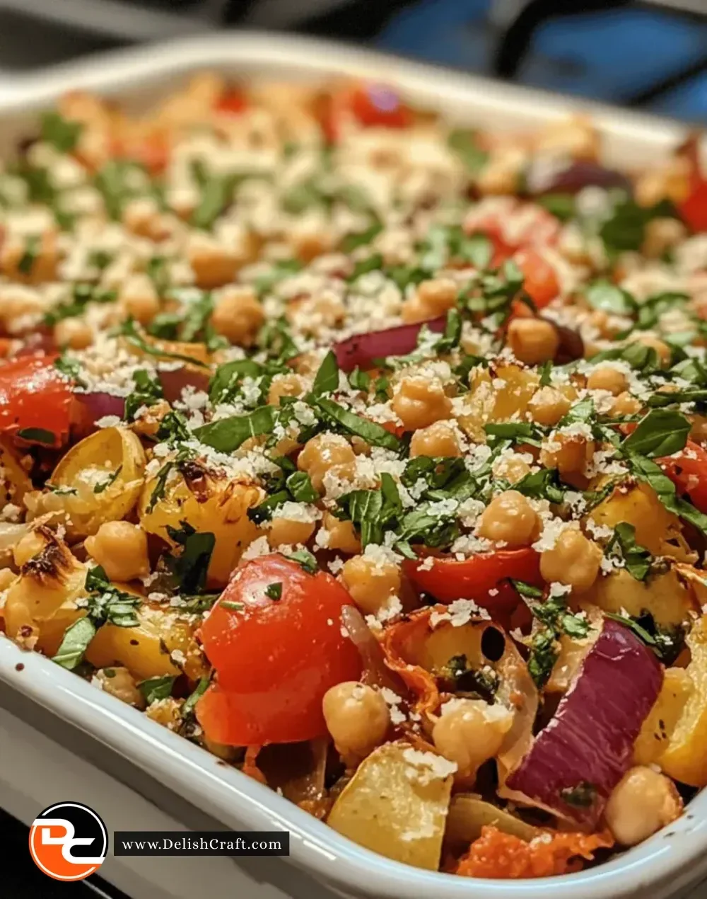 Colorful Mediterranean Veggie Bake with fresh vegetables and spices