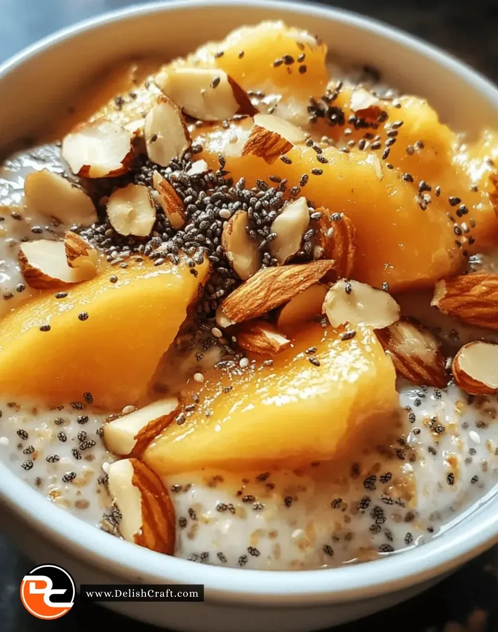 Bowl of Easy Peach Almond Chia Oats topped with fresh peaches and almonds