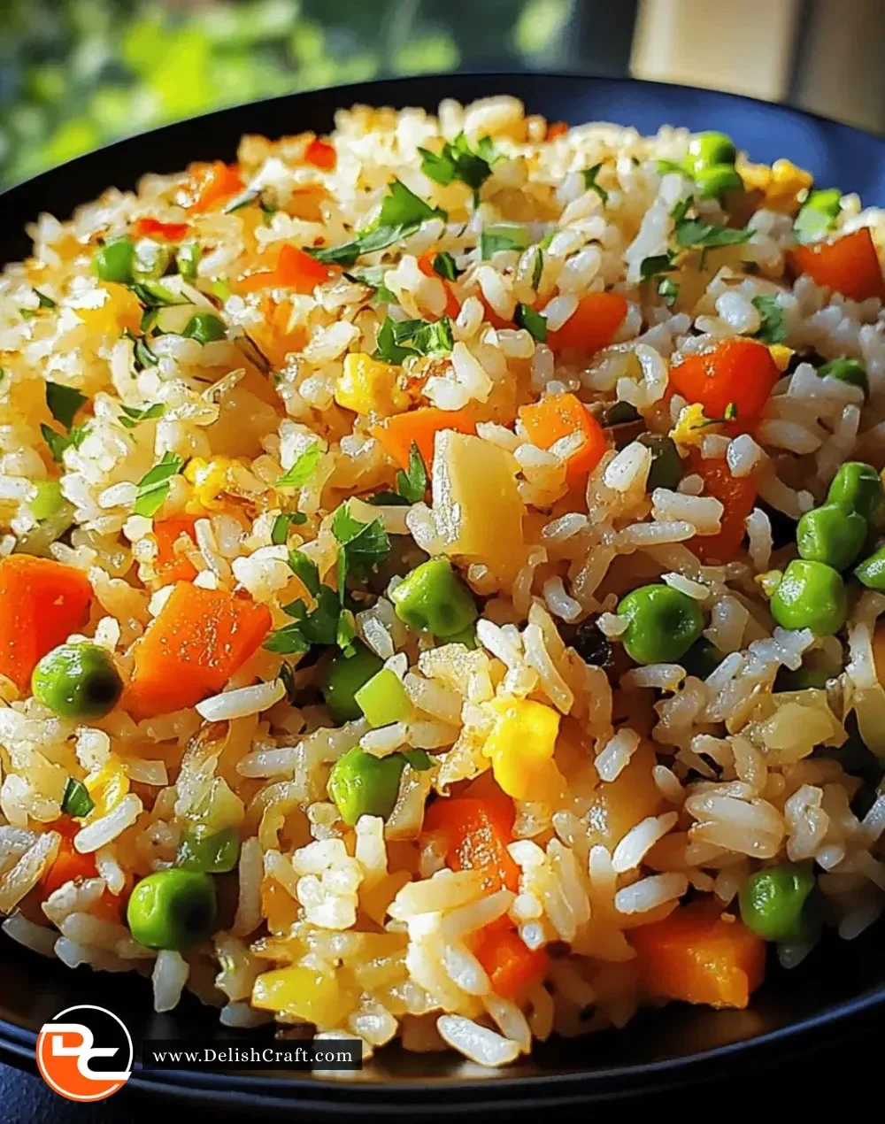 A bowl of colorful, easy veggie fried rice with fresh vegetables and herbs