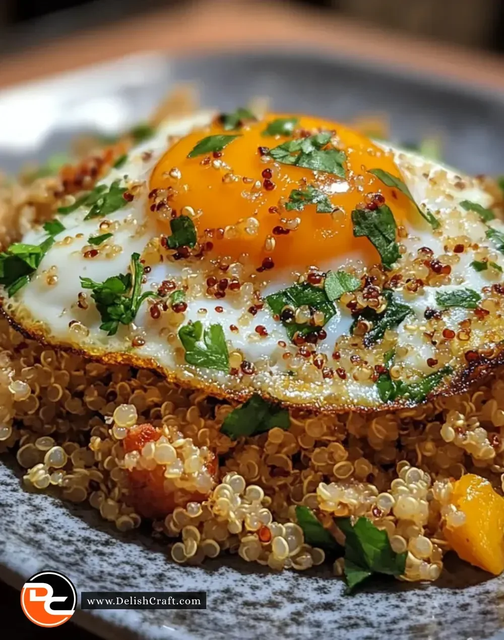 Delicious egg fried quinoa dish served in a bowl