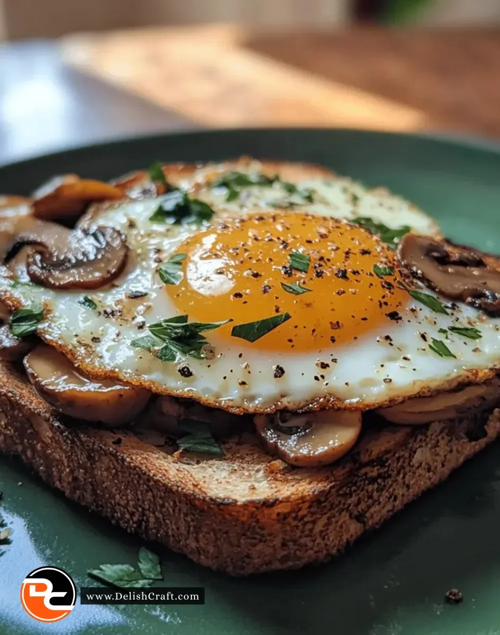 Savory mushroom egg toast topped with fresh herbs and served on a plate.