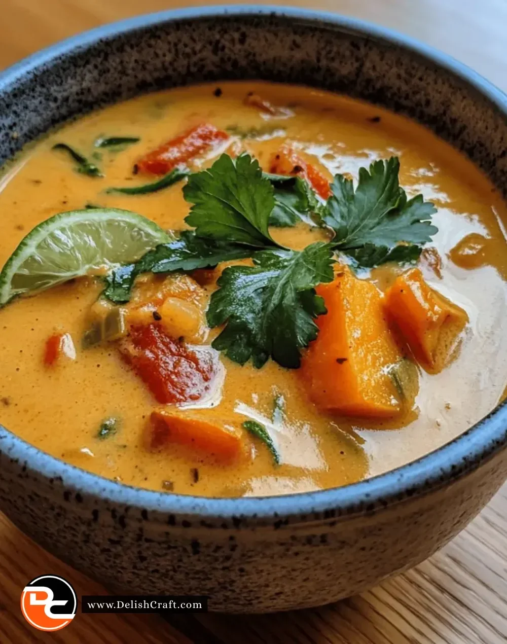 A bowl of Easy Thai Coconut Sweet Potato Soup garnished with fresh herbs