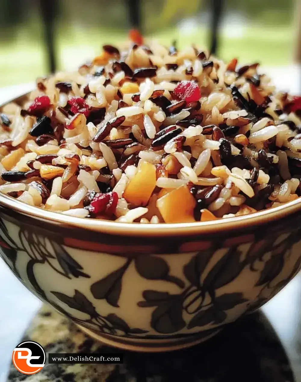 Delicious wild rice cranberry pilaf served in a festive setting for Thanksgiving