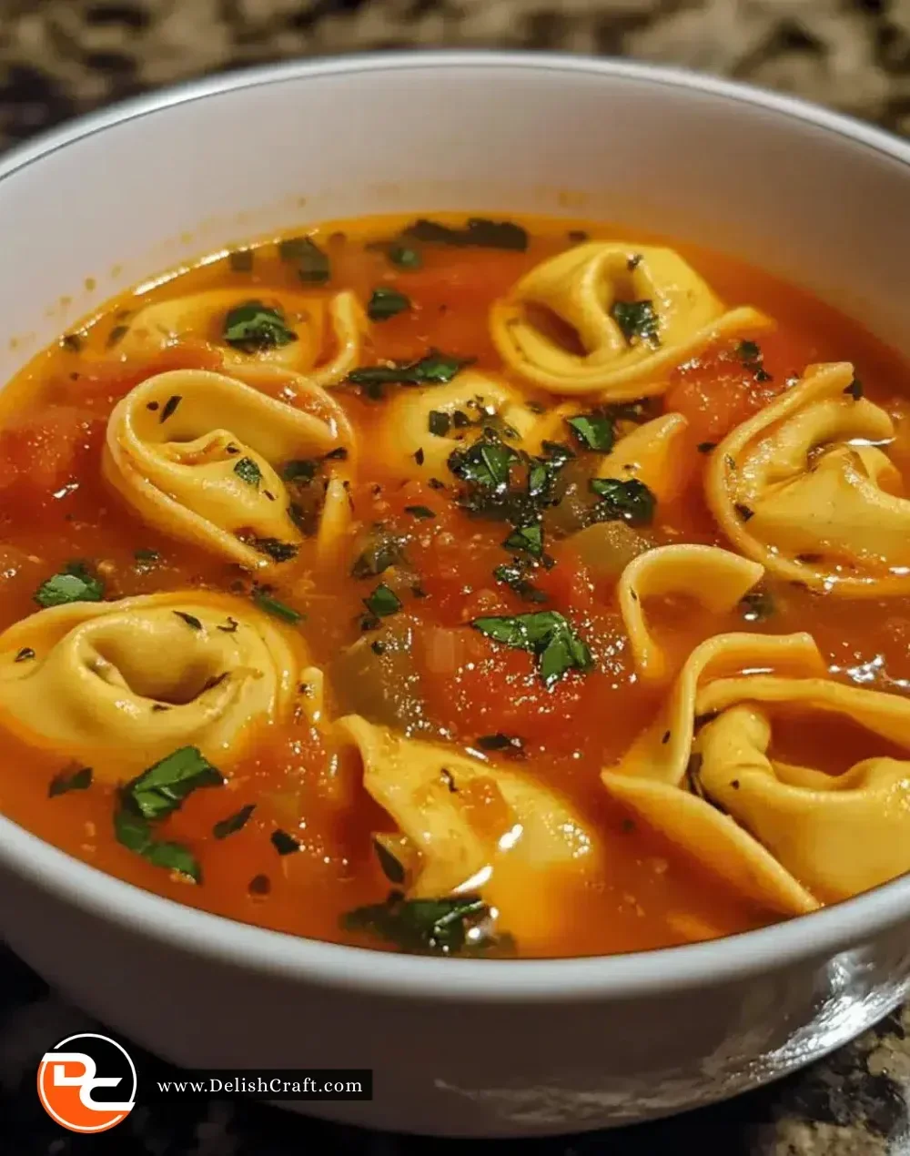 Bowl of easy Tomato Basil Tortellini Soup garnished with fresh basil leaves