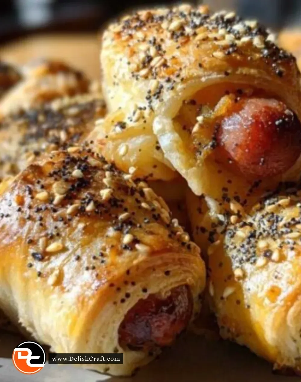 A plate of Everything Bagel Pigs in a Blanket, deliciously baked and garnished.