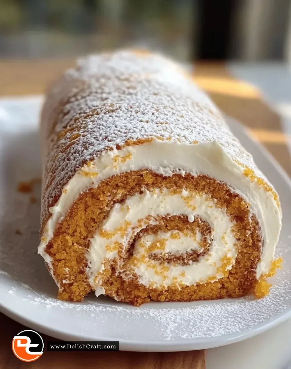 Delicious fall pumpkin spice roll cake with cream cheese filling