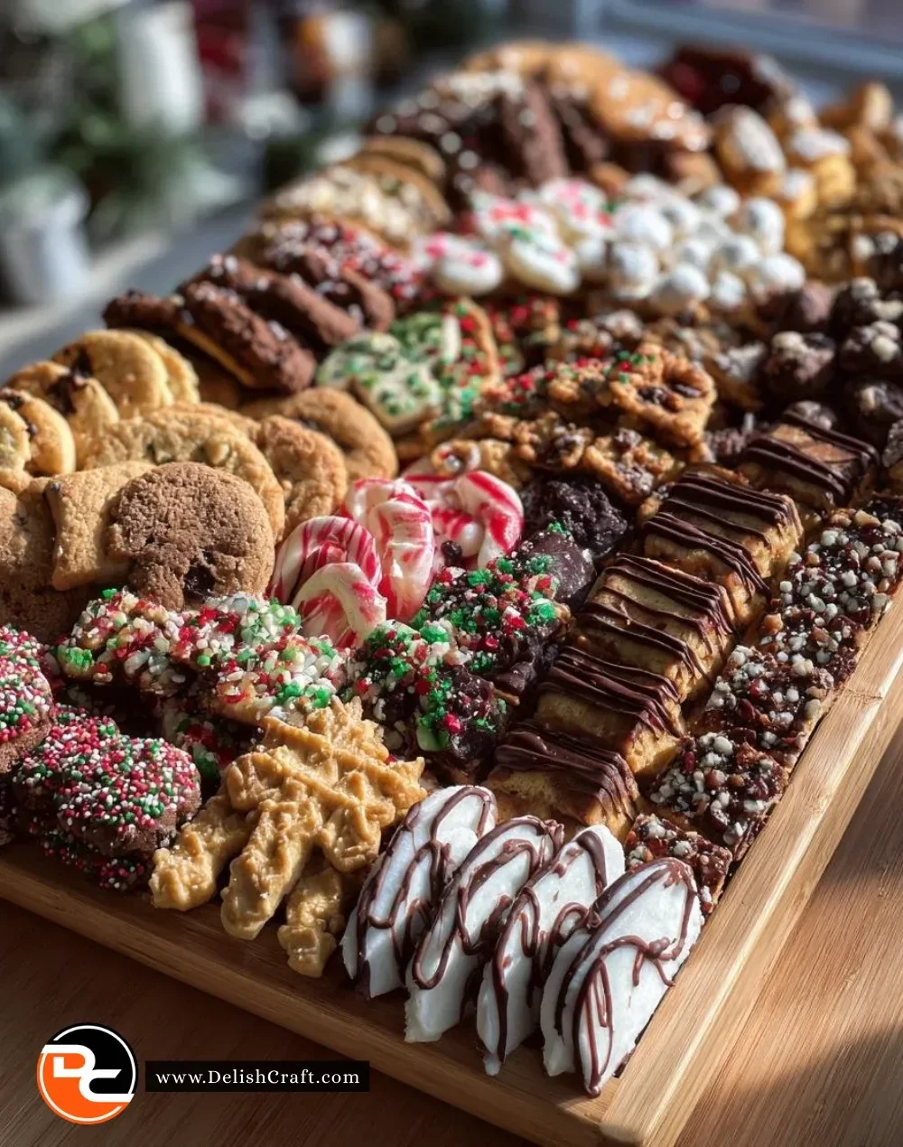 Festive display of a Christmas cookie charcuterie board with various decorated cookies.