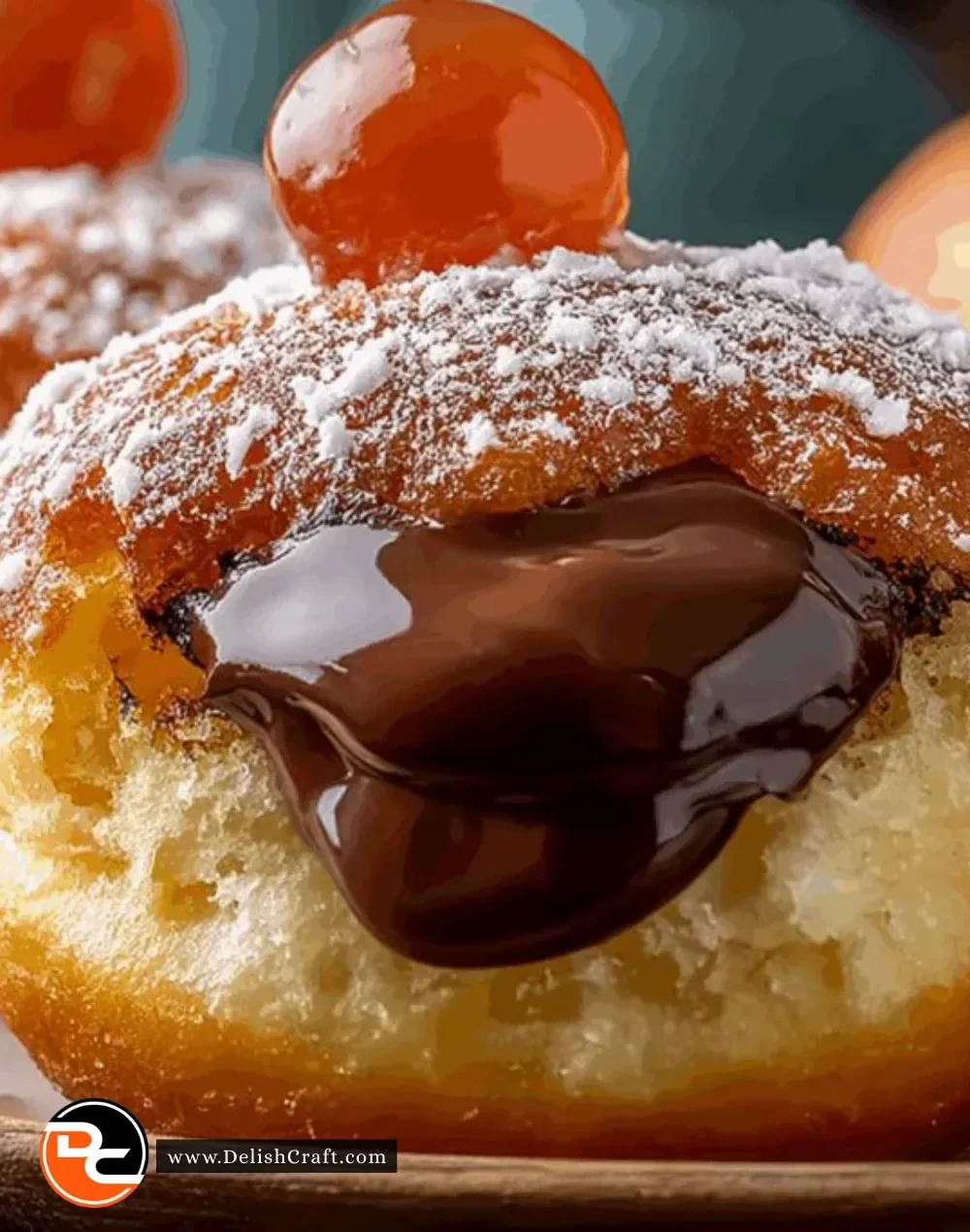 Fluffy brioche donuts filled with creamy chocolate on a plate