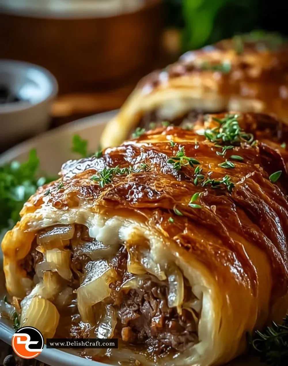 Savory French onion beef roll served with caramelized onions and melted cheese
