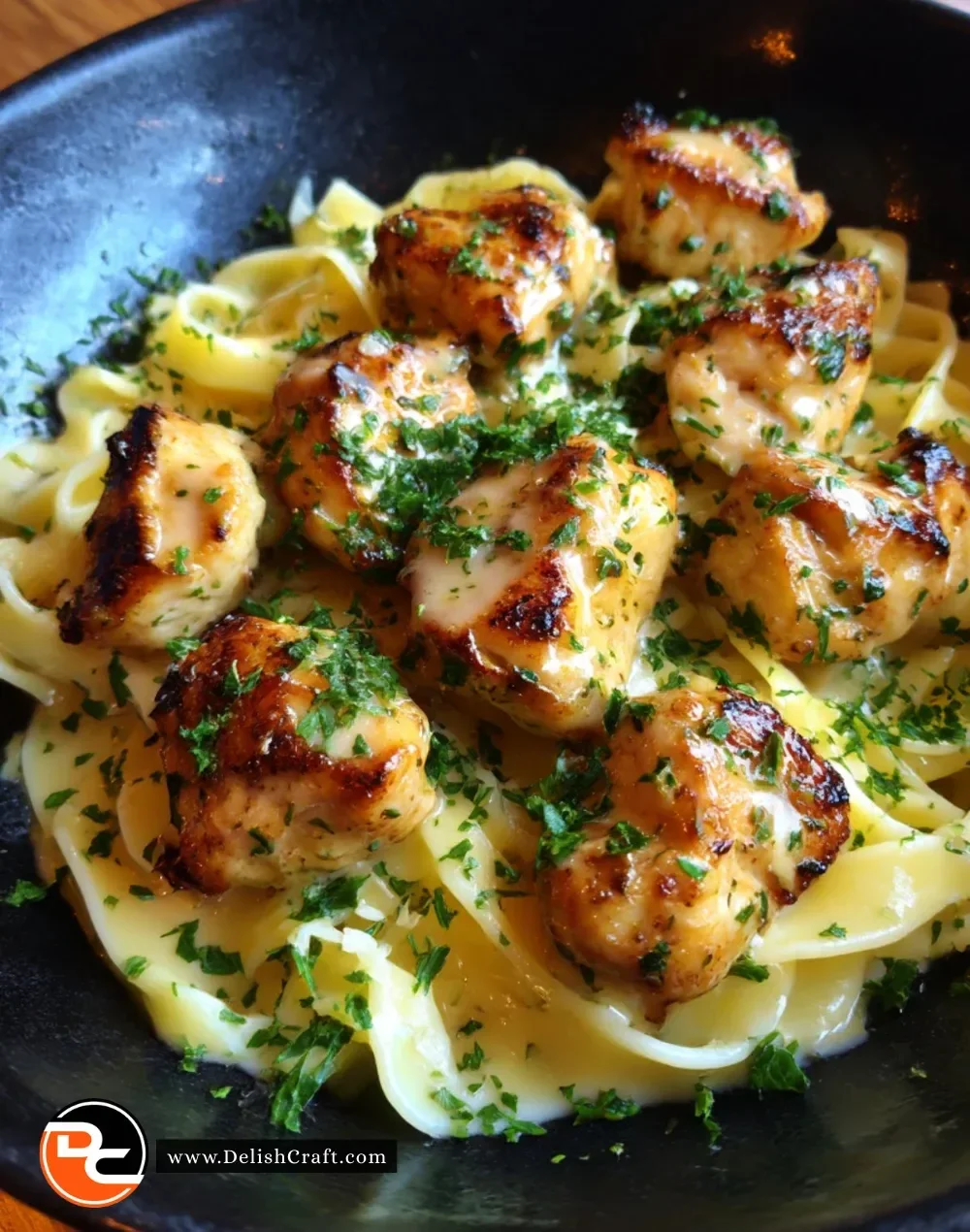 Garlic Butter Chicken Bites served with Creamy Parmesan Pasta dish