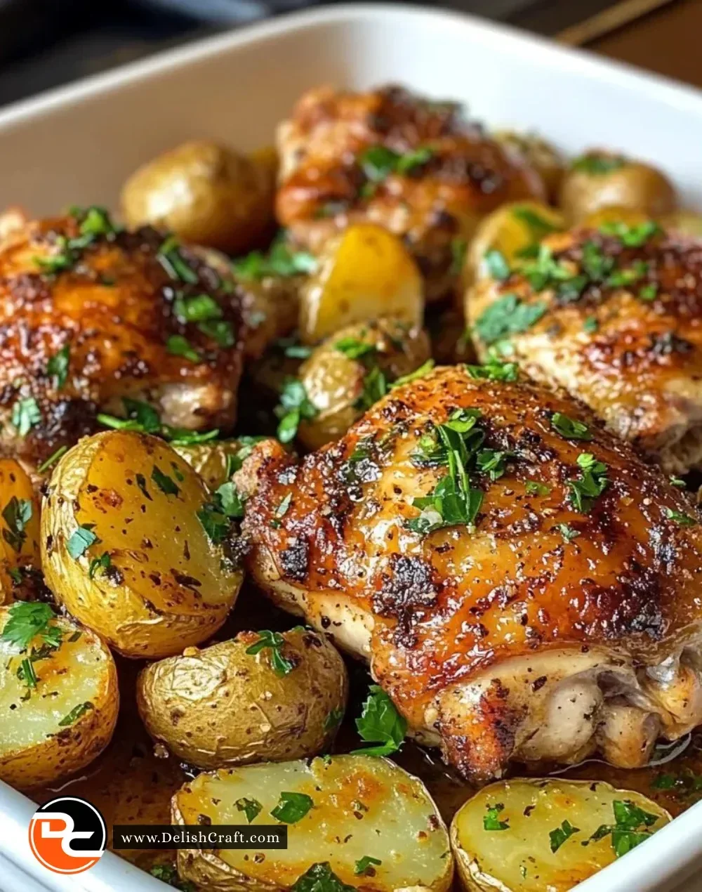 Garlic Herb Roasted Chicken Thighs served with Baby Potatoes on a plate
