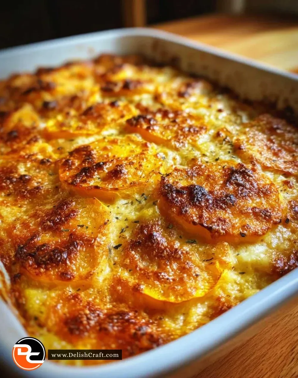 Gluten-free squash casserole topped with cheese and herbs in a baking dish
