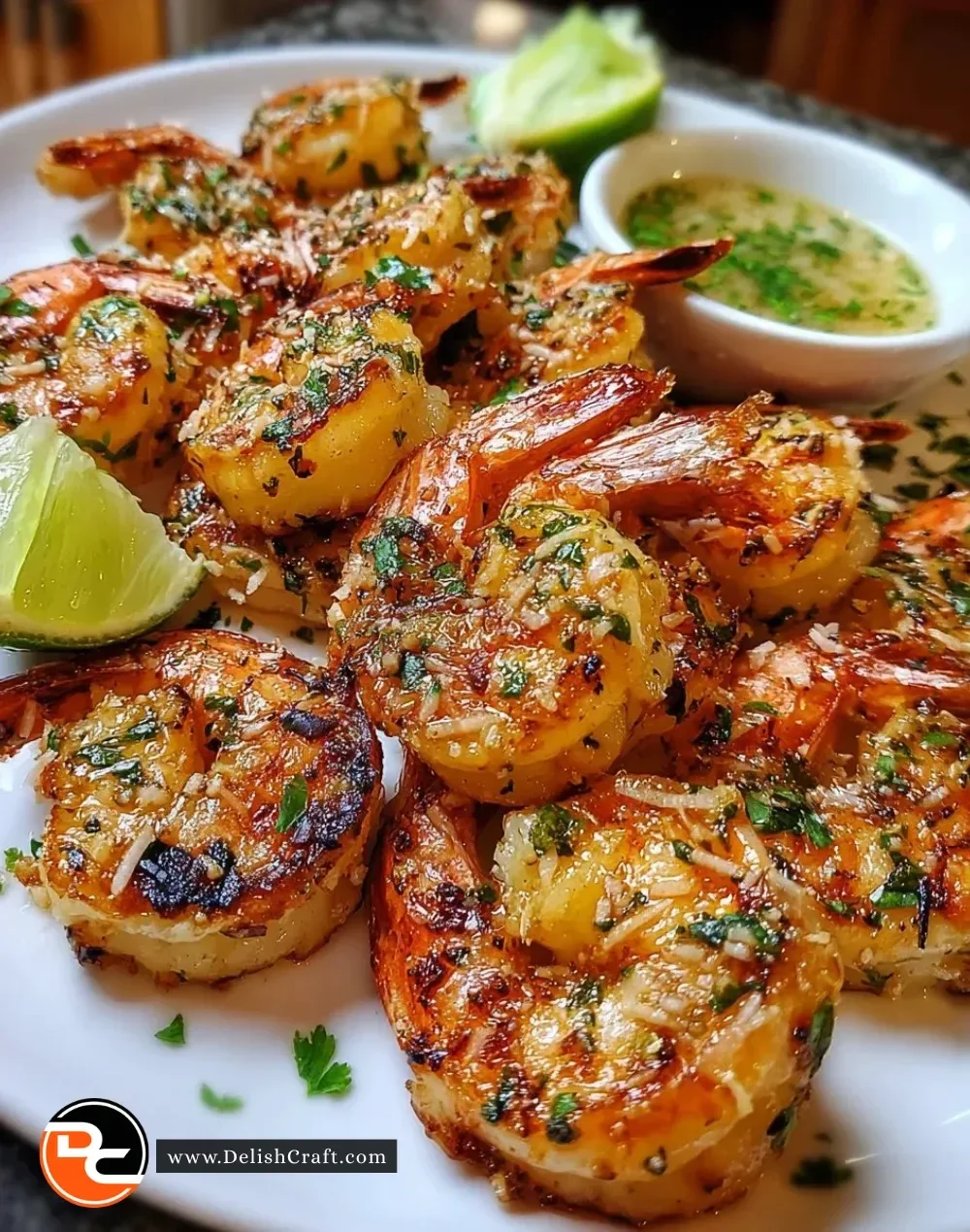 Grilled coconut lime shrimp garnished with lime slices and herbs on a plate