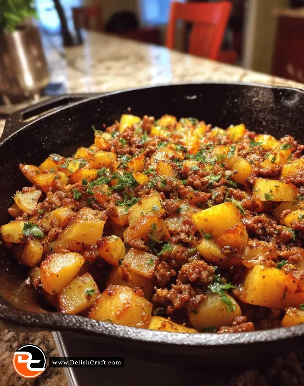 Delicious ground beef and potato hash served in a skillet