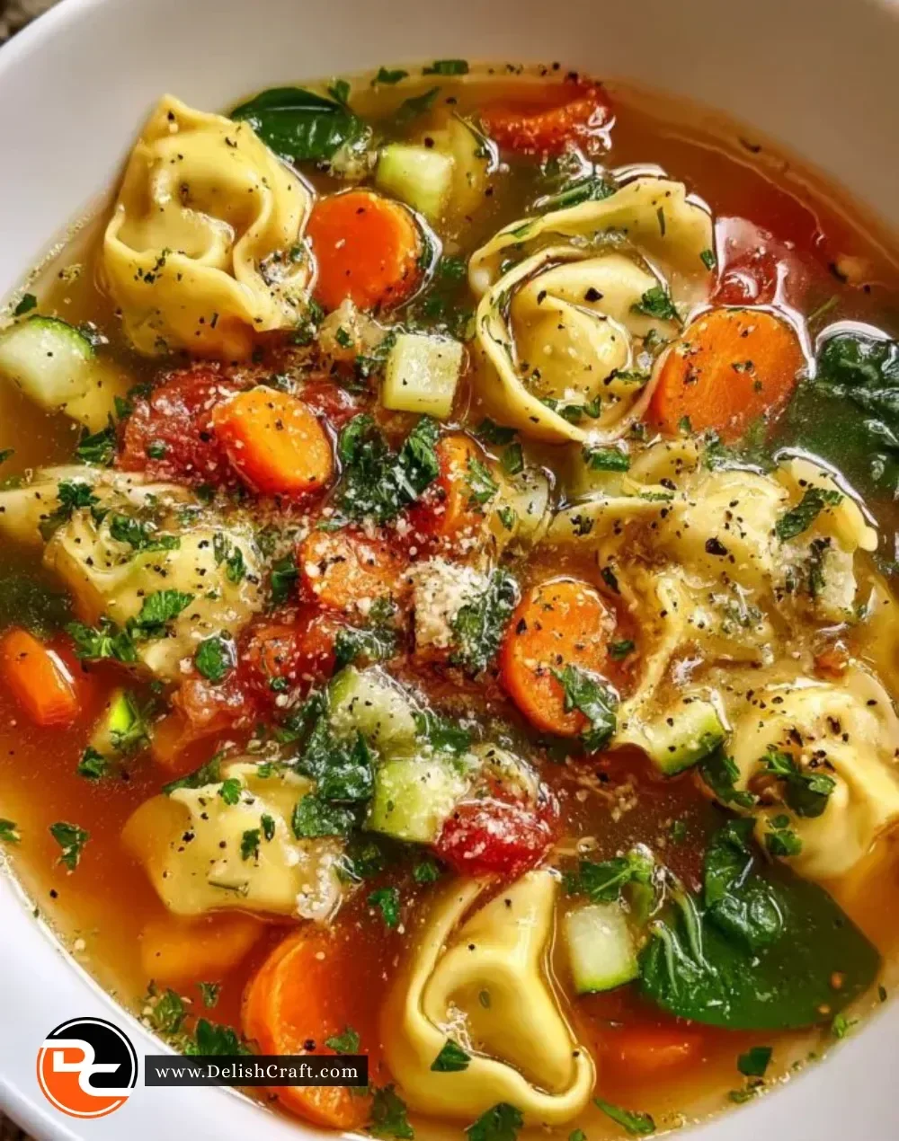Bowl of healthy tortellini soup with vegetables and herbs