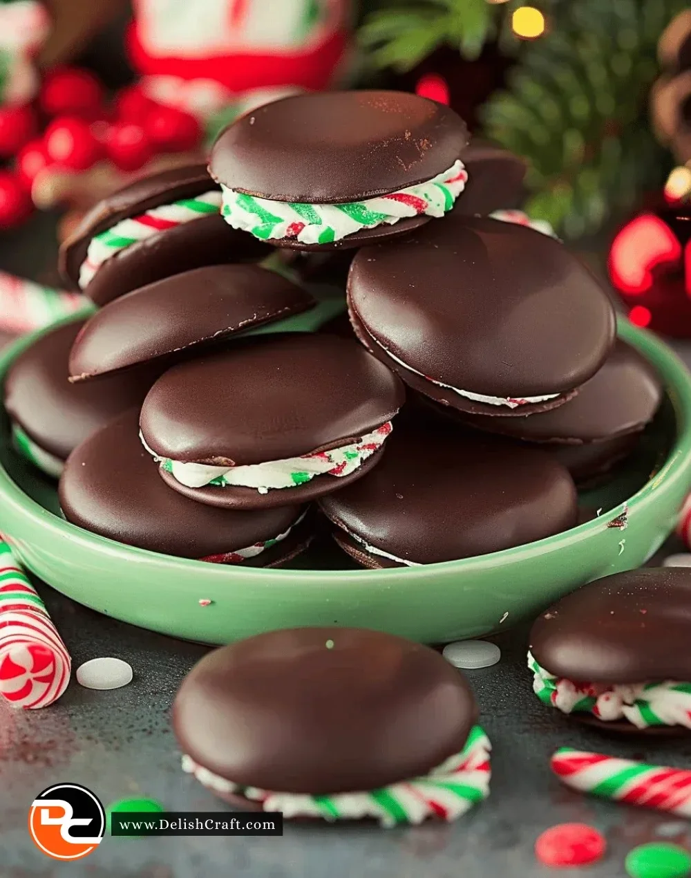 Homemade peppermint patties on a plate, delicious chocolate and mint treat.